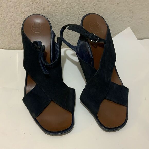 Tory Burch Navy Blue Suede Gabrielle Slingback Wedge Sandals Womens Size 8.5 M - Picture 14 of 16